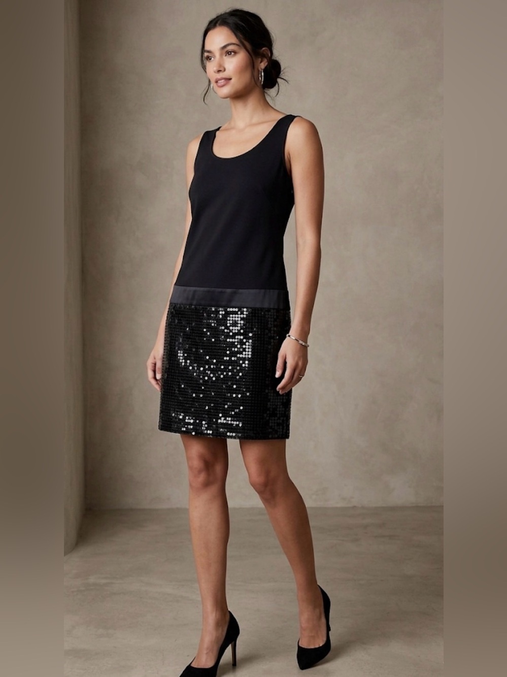 LOFT Mixed Media Sequin Shift Cocktail Dress LBD